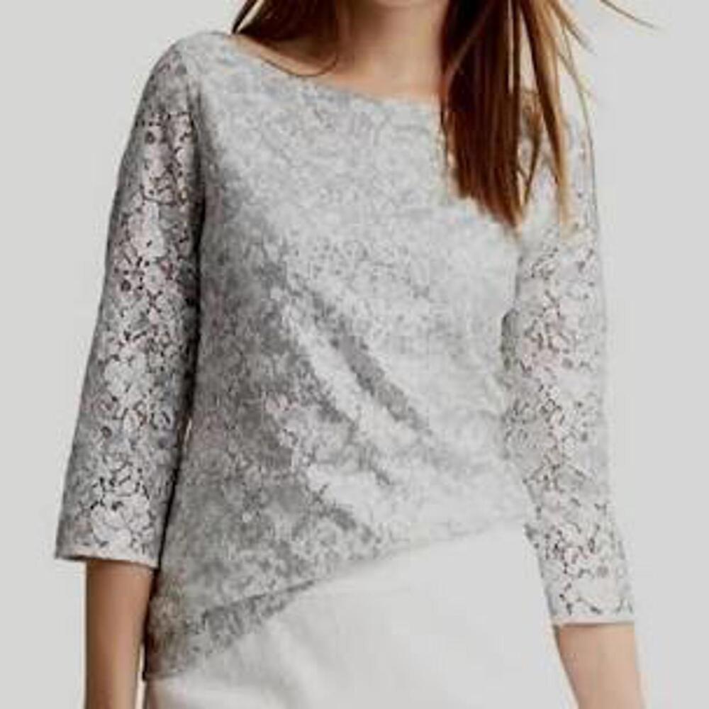 Banana Republic Sequined White Lace Top Boatneck 3/4 Sleeve